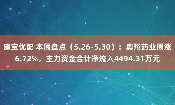 建宝优配 本周盘点（5.26-5.30）：奥翔药业周涨6.72%，主力资金合计净流入4494.31万元