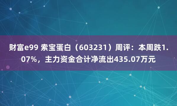 财富e99 索宝蛋白（603231）周评：本周跌1.07%，主力资金合计净流出435.07万元